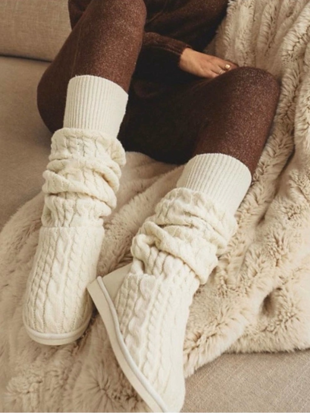 JustFab Cream Cable-Knit Slouch Boots
